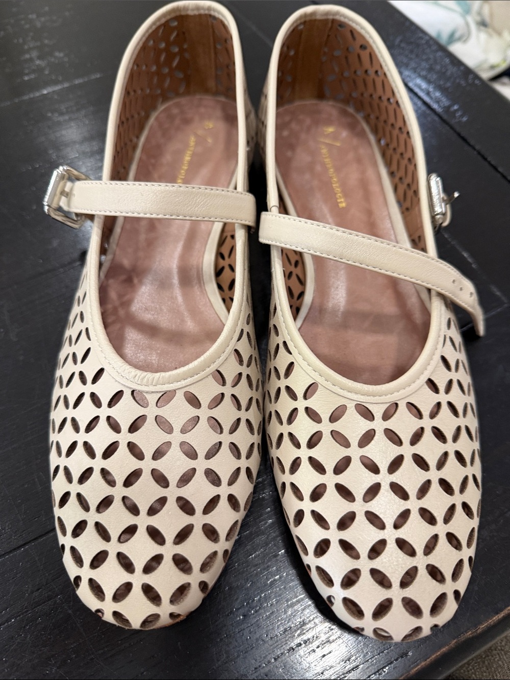 Anthropologie Ivory Laser-Cut Mary Jane Flats